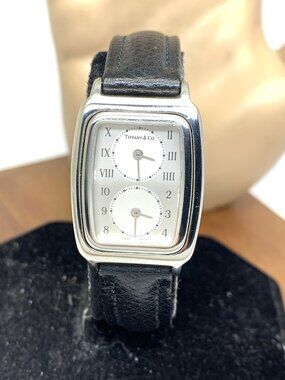 Tiffany & Co. Women's Watch L201 Dual Time Swiss Quartz Black Leather Strap 22mm